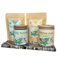 three jars of herbal tea blends on a tray