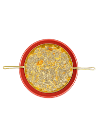 a red plate filled with food on a black background