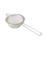 a stainless steel strainer on a white background