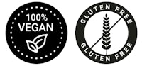 two black and white labels with the words gluten free and vegan